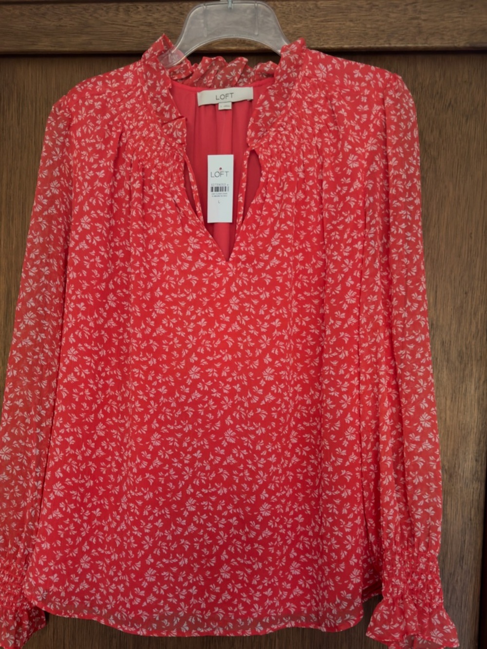 LOFT Women's Coral Floral Ruffle Neck Blouse